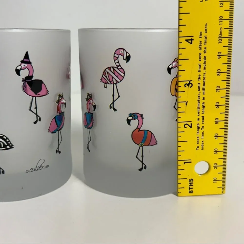 2 Culver Frosted Halloween Flamingos in Costumes Cocktail Glasses